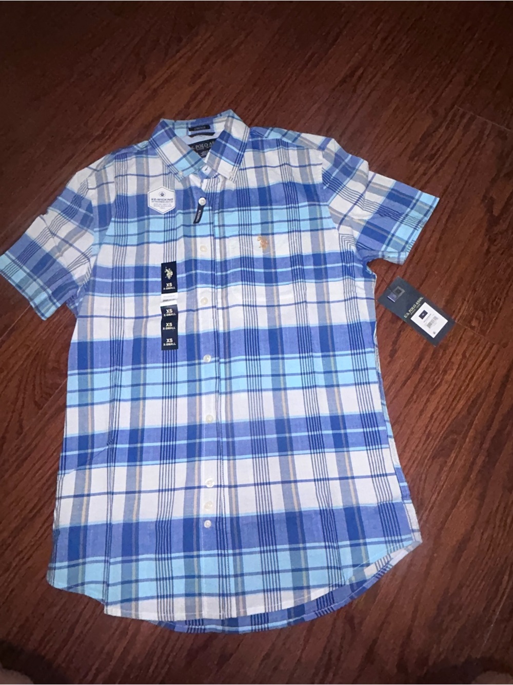 U.S. Polo Assn. Light Blue and Navy Plaid Short Sleeve Button-Down Shirt